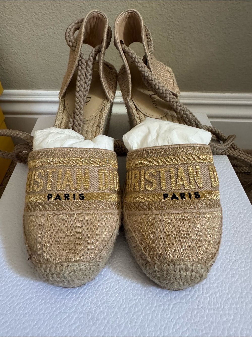 Dior Natural Beige Espadrille Wedge with Gold Embroidery sz 6.5/36.5